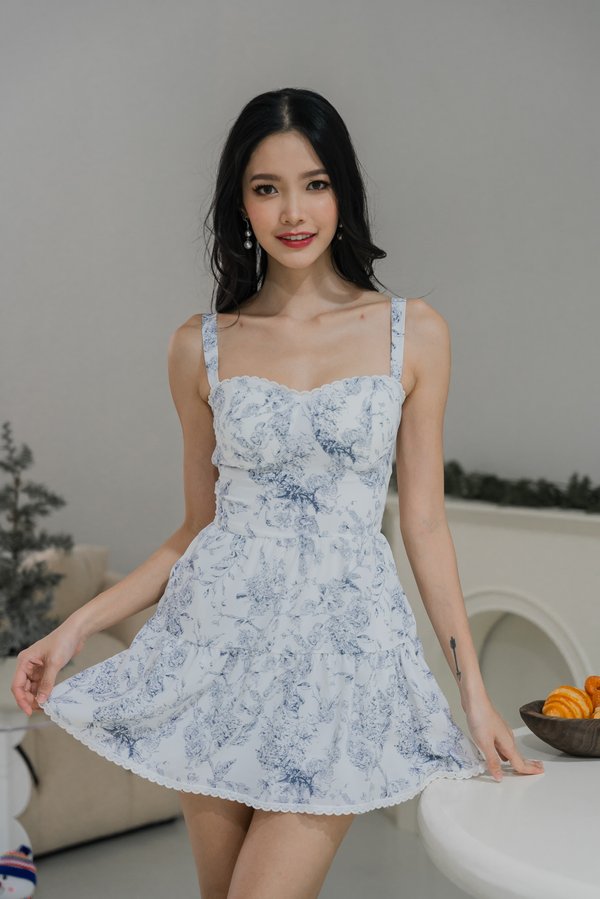 Seona Lace Padded Romper Dress (Navy Blue Floral)