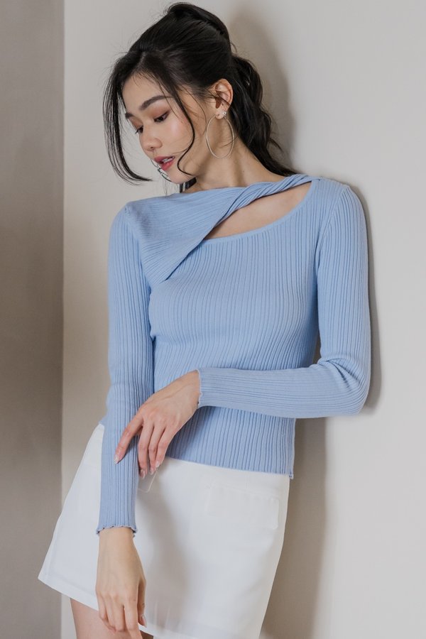 Elesa Cutout Long Sleeve Knit Top (Blue)