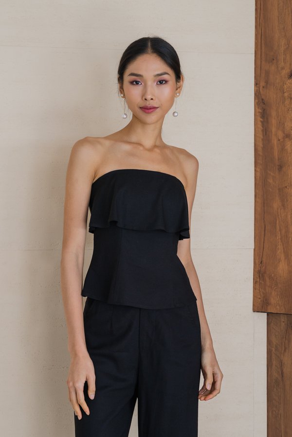 Theresia Tiered Linen Padded Top (Black)