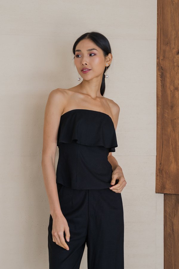 Theresia Tiered Linen Padded Top (Black)