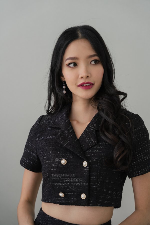 Calin Pearl Tweed Top (Black)