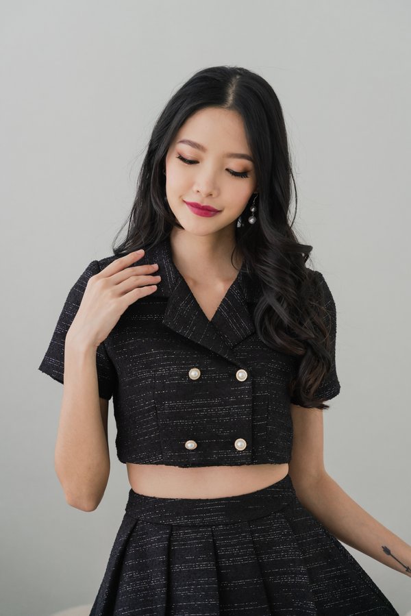 Calin Pearl Tweed Top (Black)