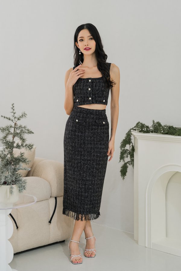 Laren Pearl Midi Tweed Skirt (Black)