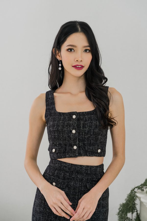 Laylin Pearl Sleeveless Padded Tweed Top (Black)
