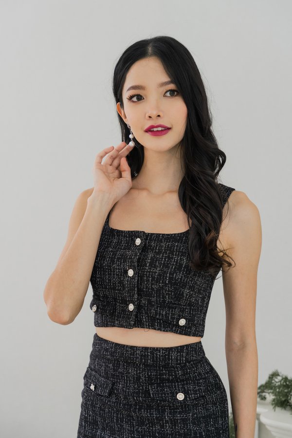 Laylin Pearl Sleeveless Padded Tweed Top (Black)