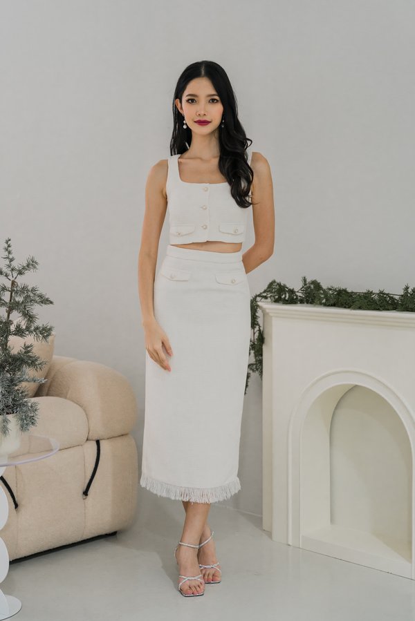 Laren Pearl Midi Tweed Skirt (White) Laren Pearl Midi Tweed Skirt (White)