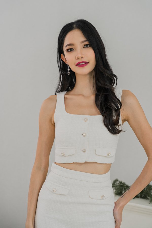 Laylin Pearl Sleeveless Padded Tweed Top (White)