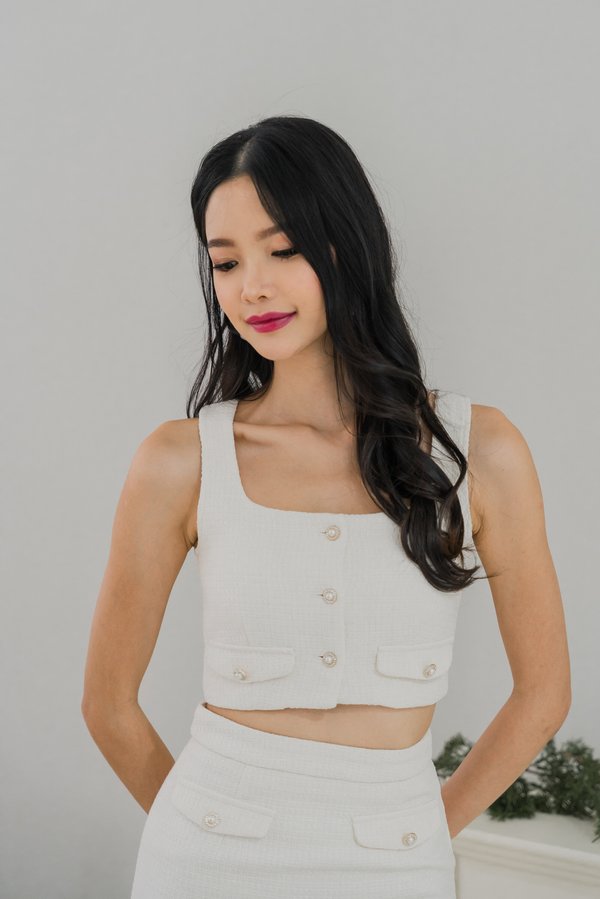 Laylin Pearl Sleeveless Padded Tweed Top (White)