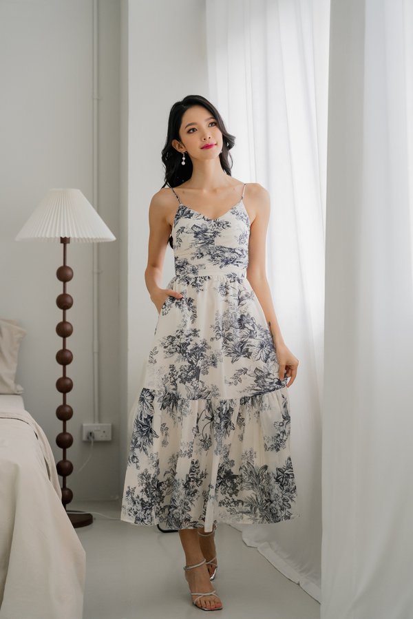 Adeline V Neck Dress (Black Cream Floral)