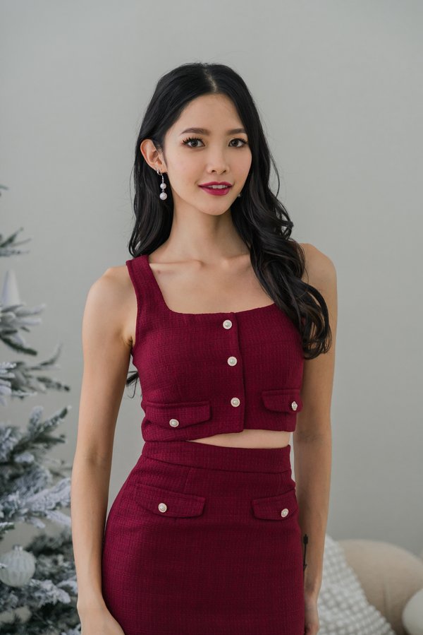 Laylin Pearl Sleeveless Padded Tweed Top (Red)