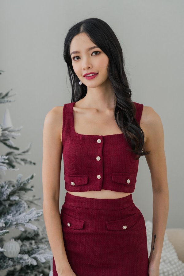 Laylin Pearl Sleeveless Padded Tweed Top (Red)