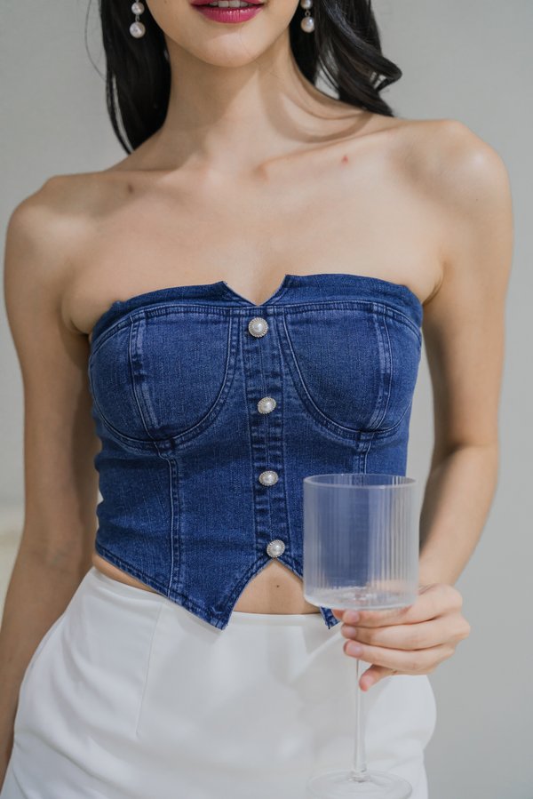 Kira Pearl Denim Top (Dark Wash)
