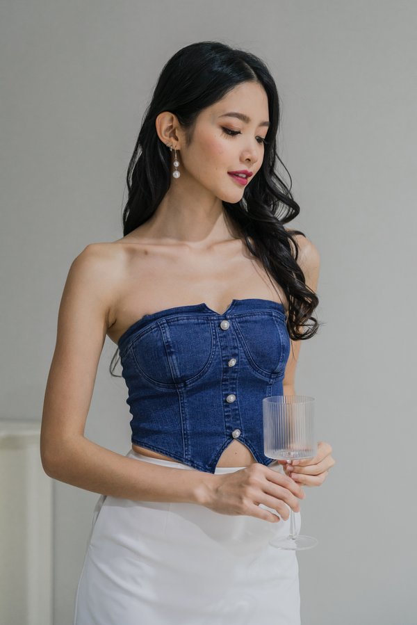 Kira Pearl Denim Top (Dark Wash)