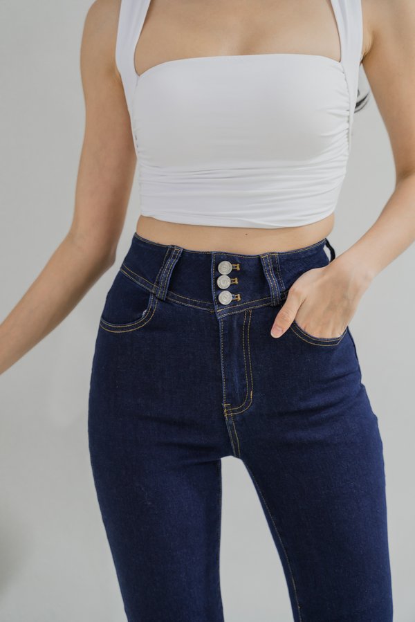 Hazel Buttons Bell Bottom Denim Jeans (Dark Wash)