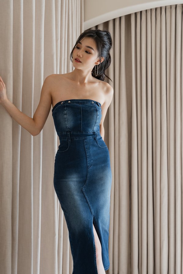 Jemma Front Slit Denim Dress V1 (Dark Wash)