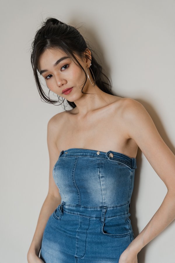 Jemma Front Slit Denim Dress V1 (Mid Wash)