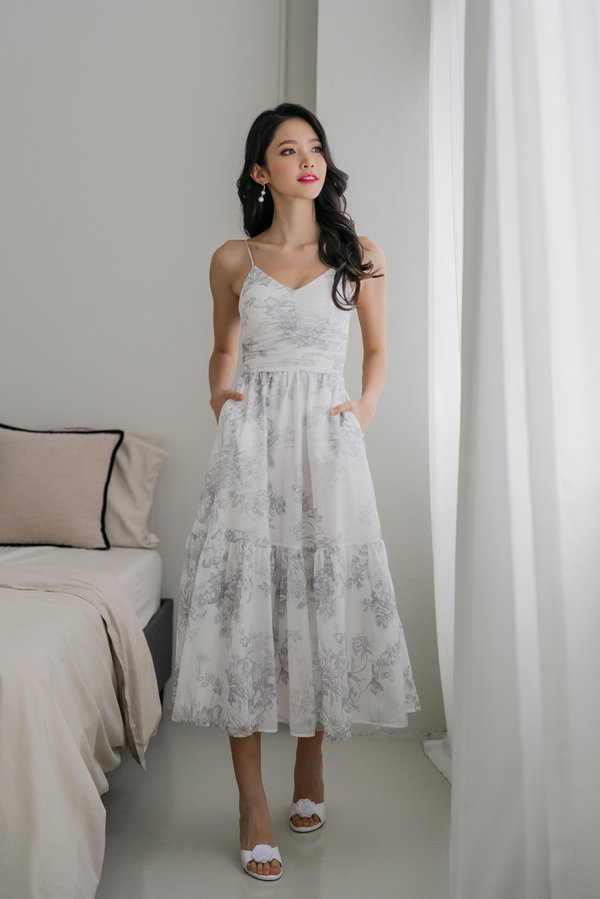 Adeline V Neck Dress (Grey White Floral)