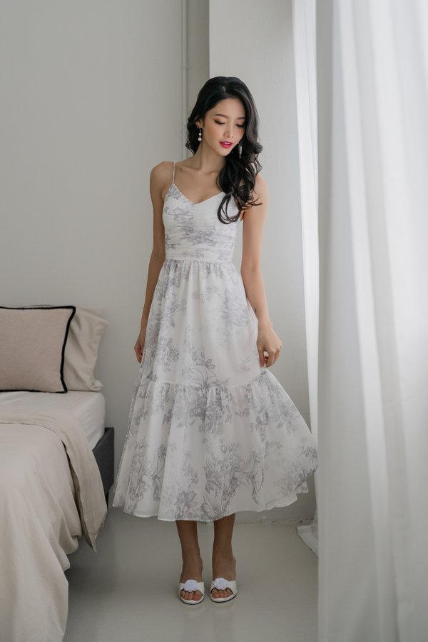 Adeline V Neck Dress (Grey White Floral)