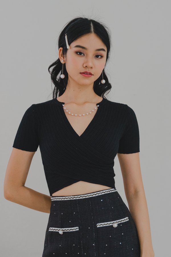 Aletta Overlap Pearl Chain Knit Top (Black)
