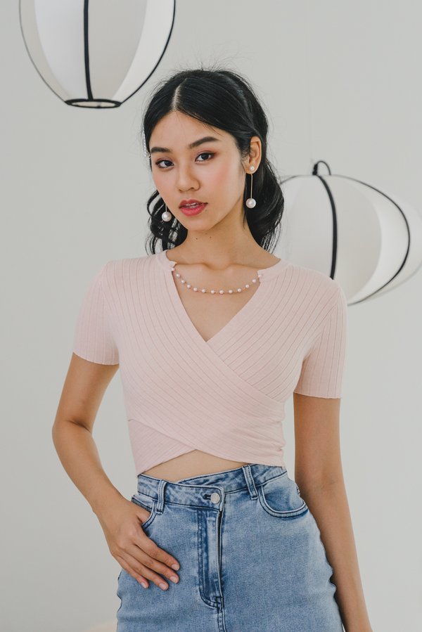 Aletta Overlap Pearl Chain Knit Top (Pink)