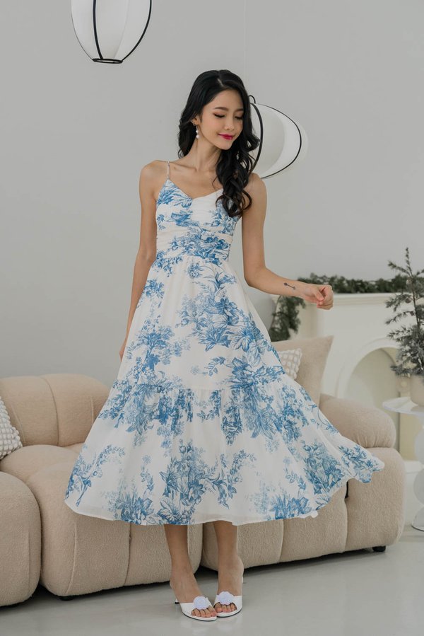 Adeline V Neck Dress (Blue Cream Floral)