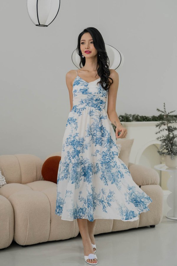 Adeline V Neck Dress (Blue Cream Floral)