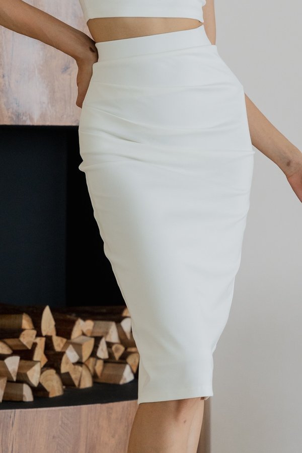 *Luxe* Shayla Ruched Midi Skirt (White)