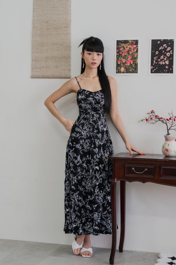 Auralia Padded Maxi Dress (Black Base White Floral)