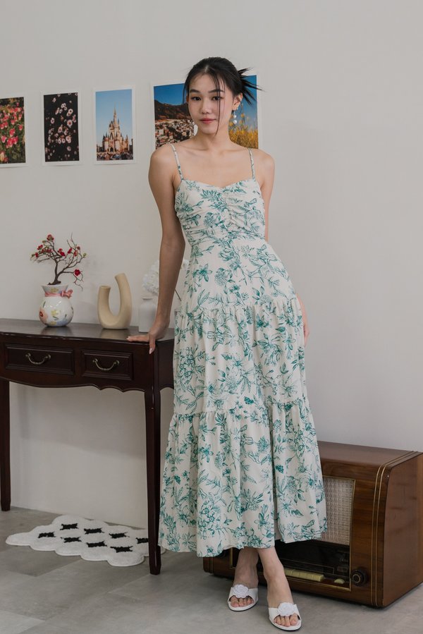 Auralia Padded Maxi Dress (Green Cream Floral)