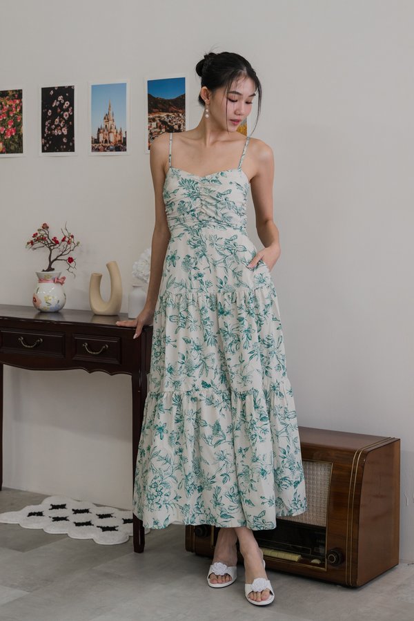 Auralia Padded Maxi Dress (Green Cream Floral)