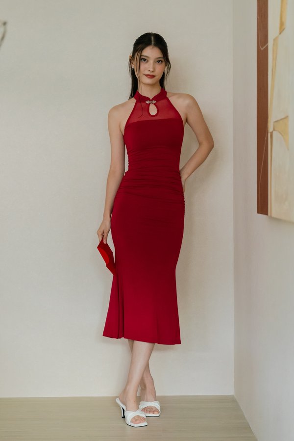 Yang Mesh Padded Midi Dress (Maroon)