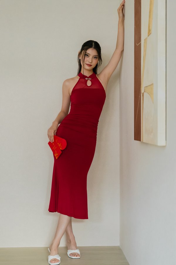 Yang Mesh Padded Midi Dress (Maroon)