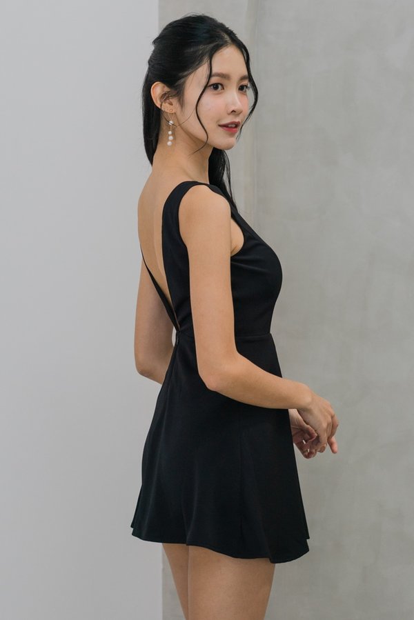 Valaria Padded Low Back Romper Dress (Black)