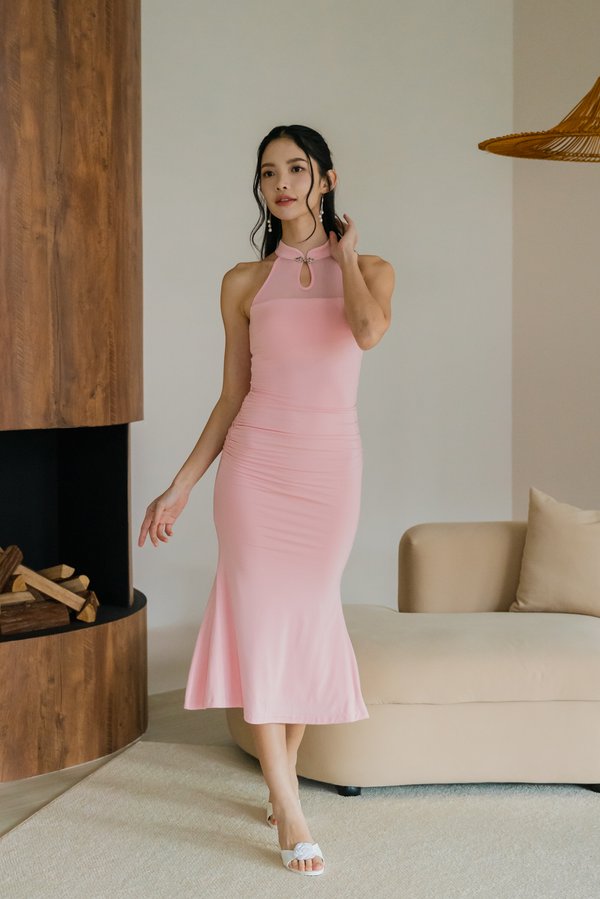 Yang Mesh Padded Midi Dress (Pink)