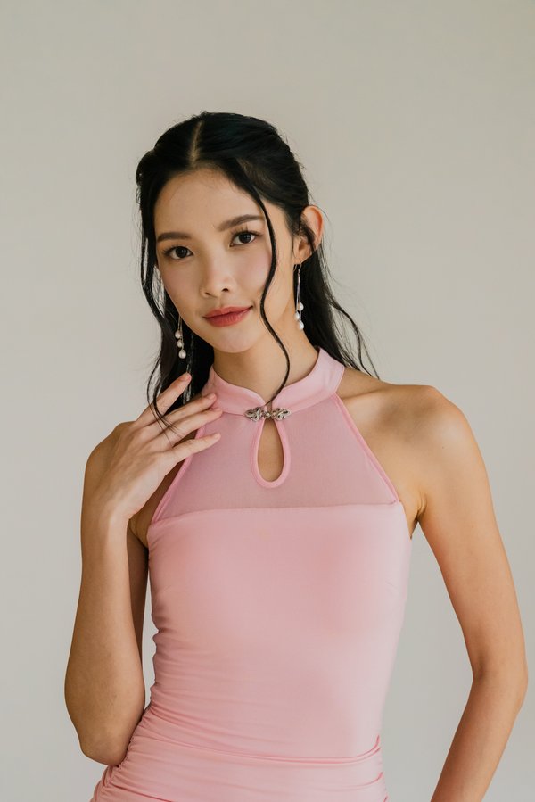 Yang Mesh Padded Midi Dress (Pink)