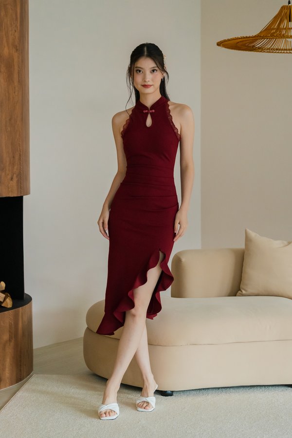 *Luxe* Shen Padded Cheongsam Ruffle Slit Dress (Maroon)