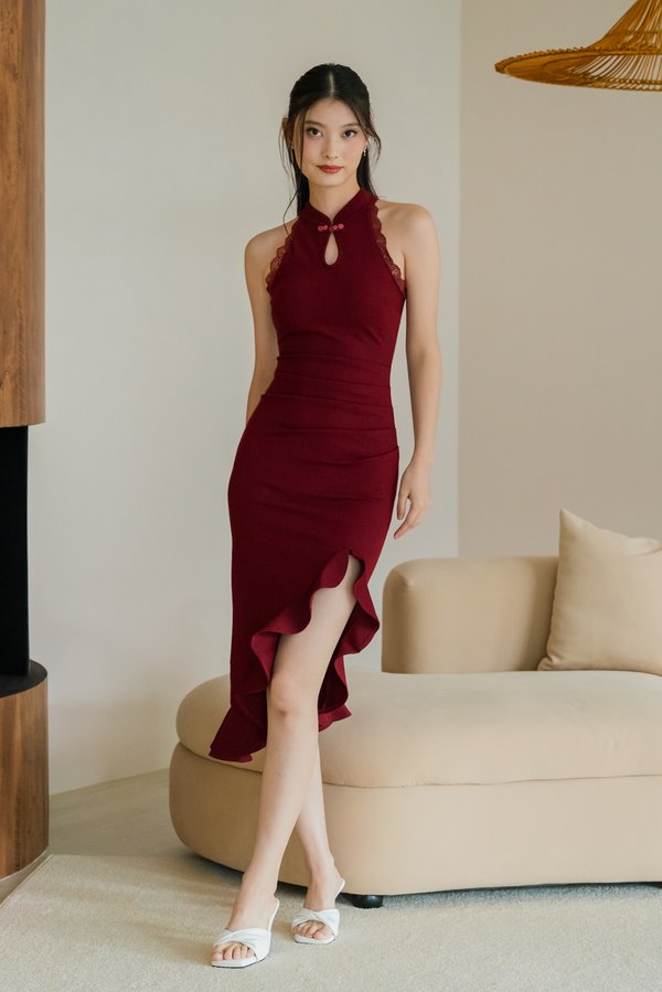 *Luxe* Shen Padded Cheongsam Ruffle Slit Dress (Maroon)