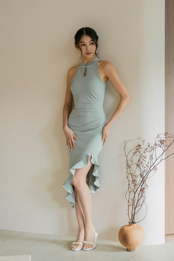 *Luxe* Shen Padded Cheongsam Ruffle Slit Dress (Jade Green) *Luxe* Shen Padded Cheongsam Ruffle Slit Dress (Jade Green)