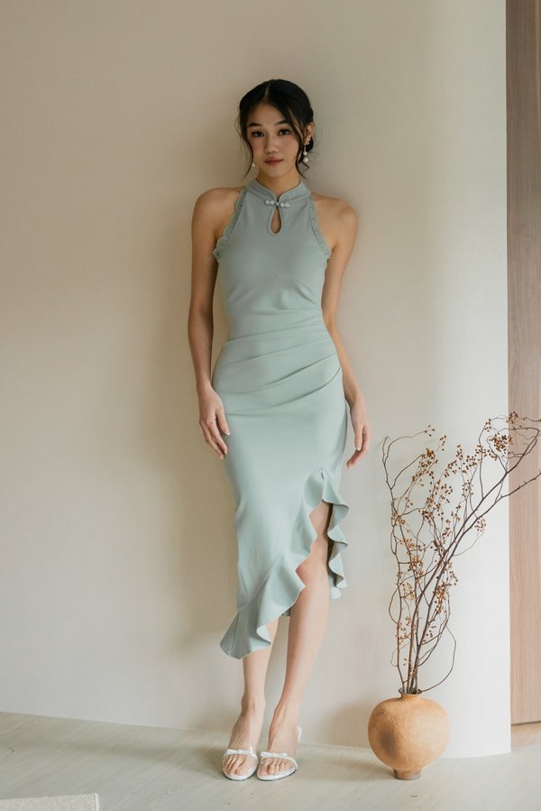 *Luxe* Shen Padded Cheongsam Ruffle Slit Dress (Jade Green) *Luxe* Shen Padded Cheongsam Ruffle Slit Dress (Jade Green)