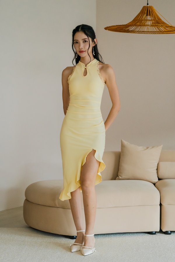 *Luxe* Shen Padded Cheongsam Ruffle Slit Dress (Yellow) *Luxe* Shen Padded Cheongsam Ruffle Slit Dress (Yellow)