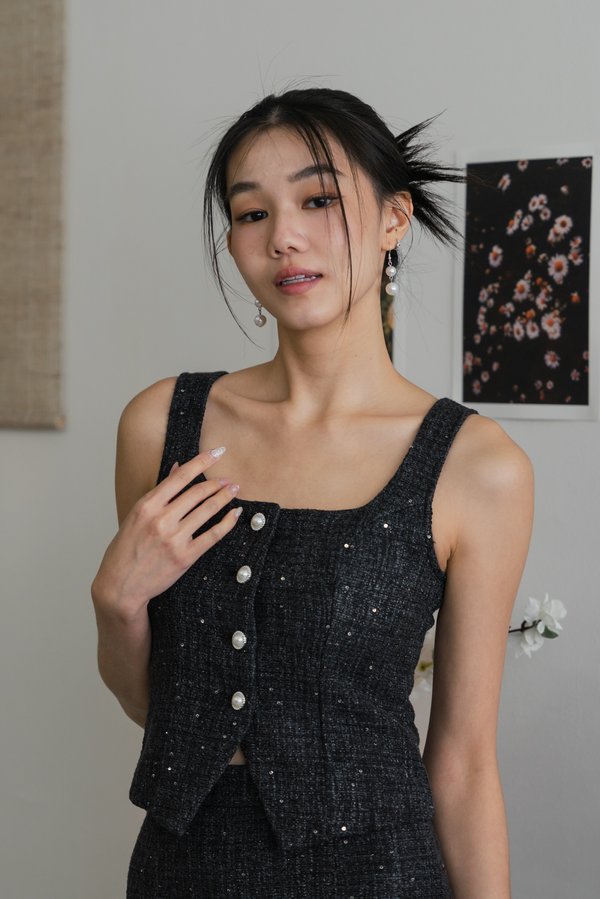 Dallyn Sparkly Tweed Padded Top (Black)