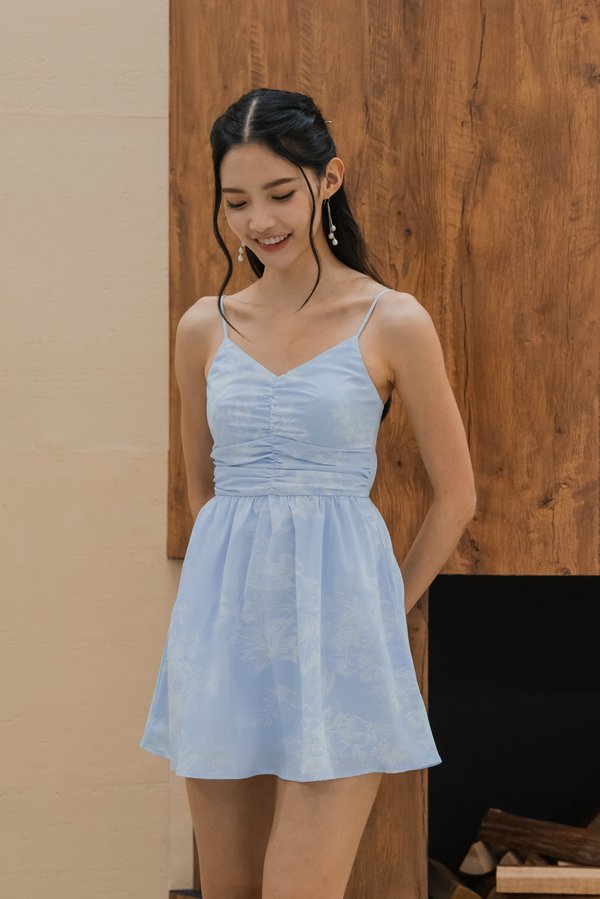 Adeline Padded Romper Dress (White Blue Floral)