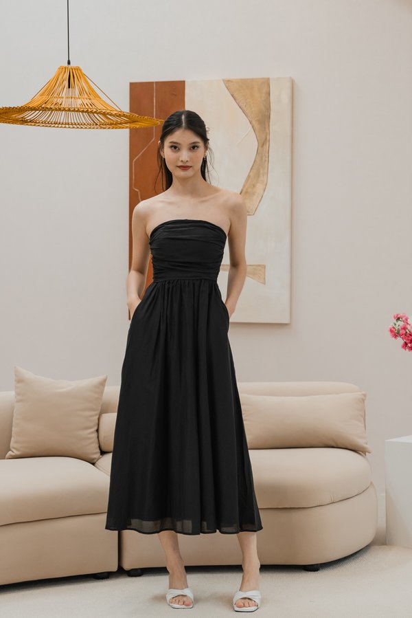 Edith Ruched Midi Dress (Black)