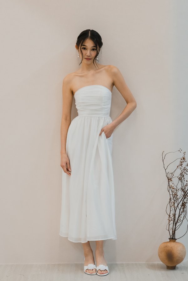 Edith Ruched Midi Dress (White) Edith Ruched Midi Dress (White)