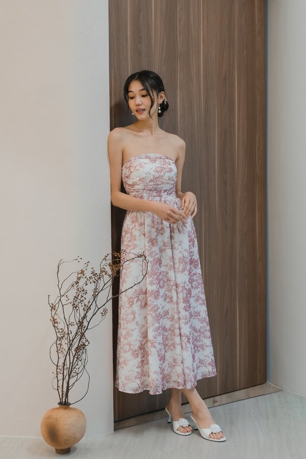 Edith Ruched Midi Dress (Pink Floral)