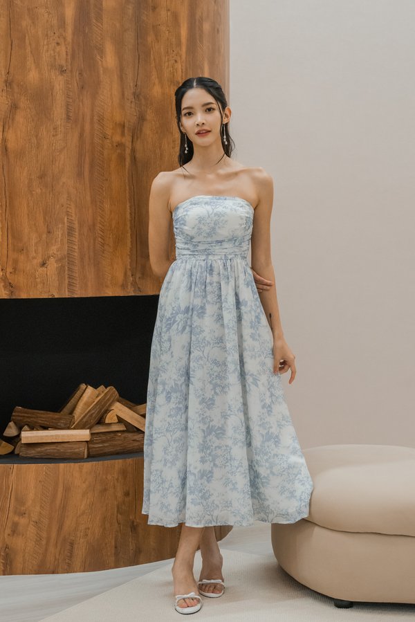 Edith Ruched Midi Dress (Ice Blue Floral)