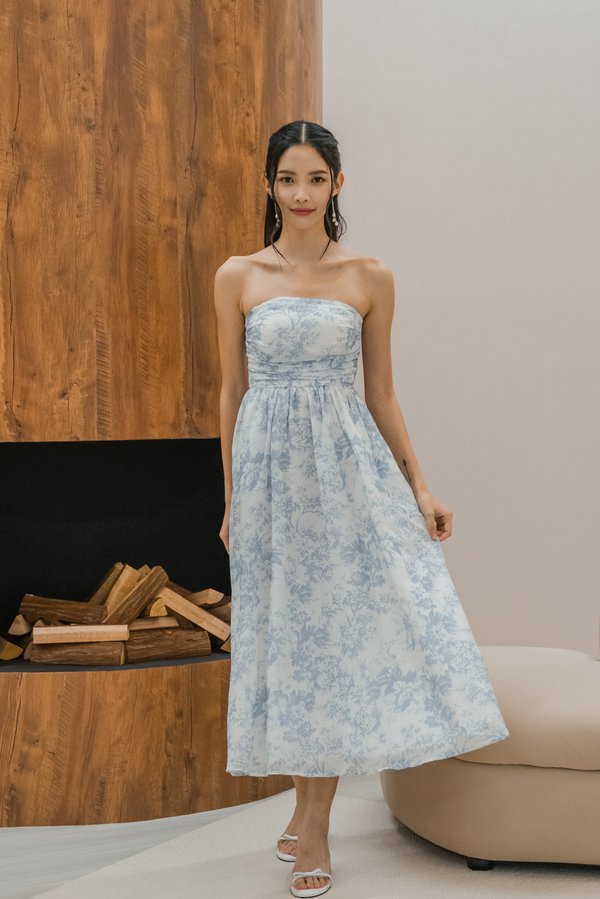 Edith Ruched Midi Dress (Ice Blue Floral)