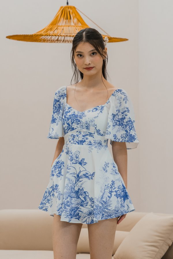 Yasmin Sleeved Floral Padded Romper Dress (Dark Blue)