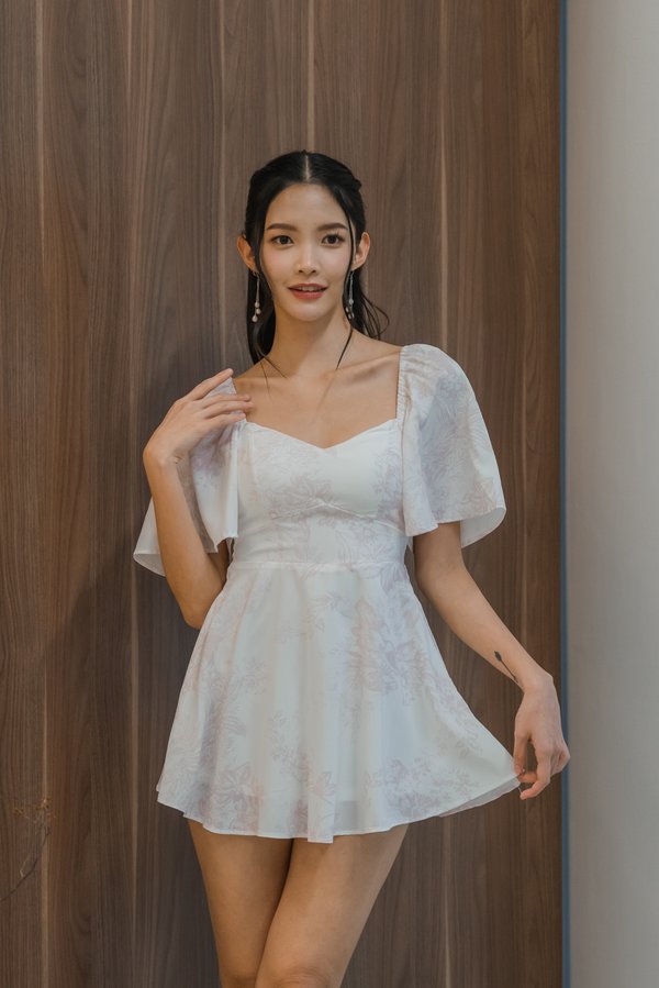 Yasmin Sleeved Floral Padded Romper Dress (Soft Pink)