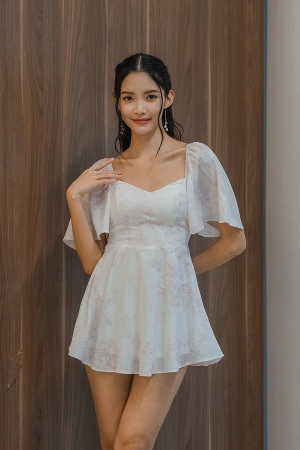 Yasmin Sleeved Floral Padded Romper Dress (Soft Pink)